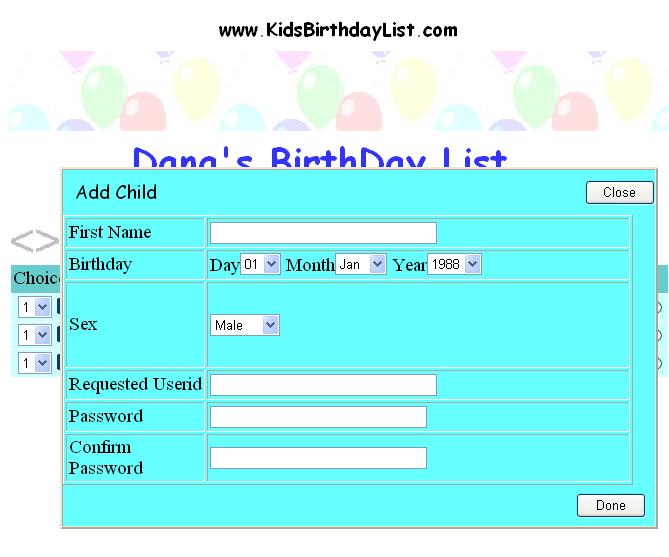 image showing child selection dropdown